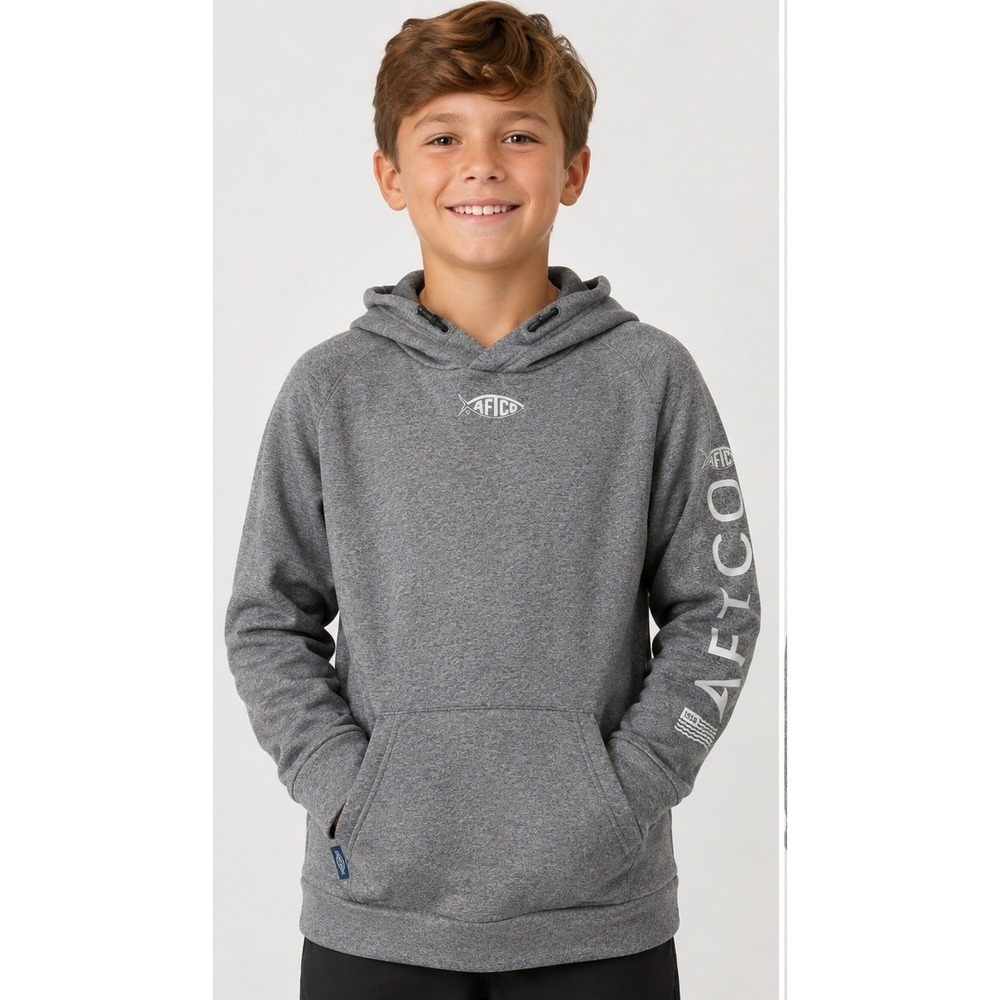 AFTCO Reaper Technical Fleece Hoodie Youth Medium 10/12 Grey Fishing Mask